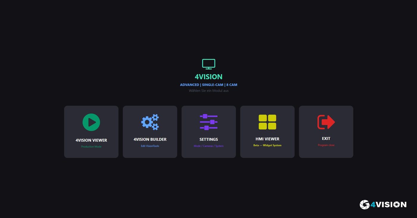 Vision4 Startbildschirm mit Viewer, Builder und HMI